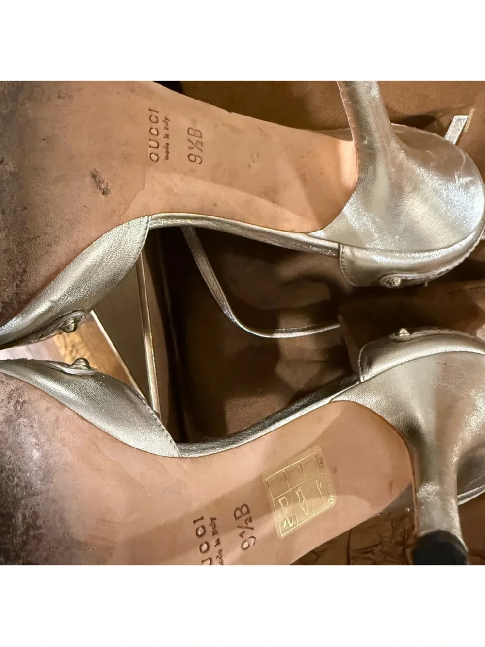 Gucci Metallic Gold Open-Toe Heels with GG Accent